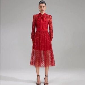 Self Portrait Red Sequin Grid Midi Dress EUC Size 6 Perfect for Christmas!